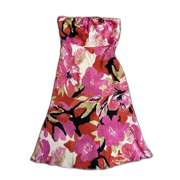 Banana Republic Pink Tropical Floral 100% Silk Strapless A-Line Midi Dress Sz 4 - Picture 2 of 11